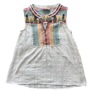 Savanna Jane Embroidered White Sleeveless Top Multicolor Yoke Cactus Size L